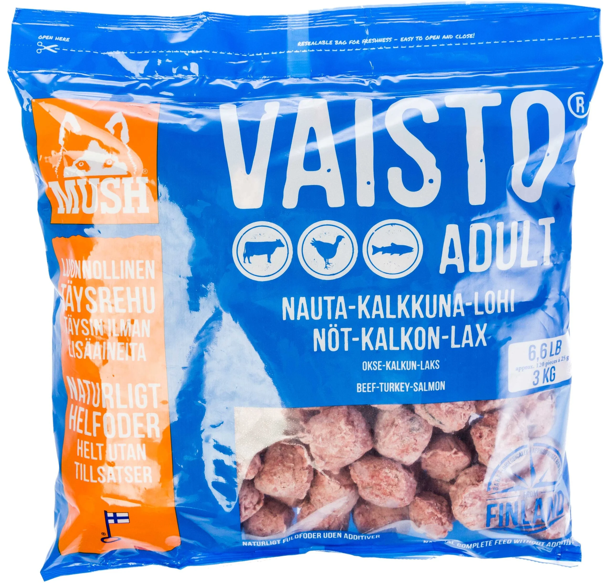Mush Vaisto Okse-Kalkun-Laks (Blå) 3 kg/Kjøttboller